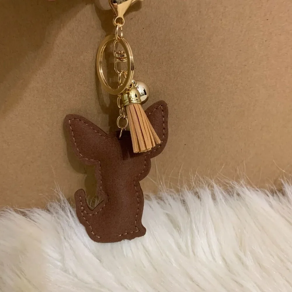 CHIHUAHUA Dog Key Ring Fob Clip on Plush Purse Charm Rhinestones Bling Brown